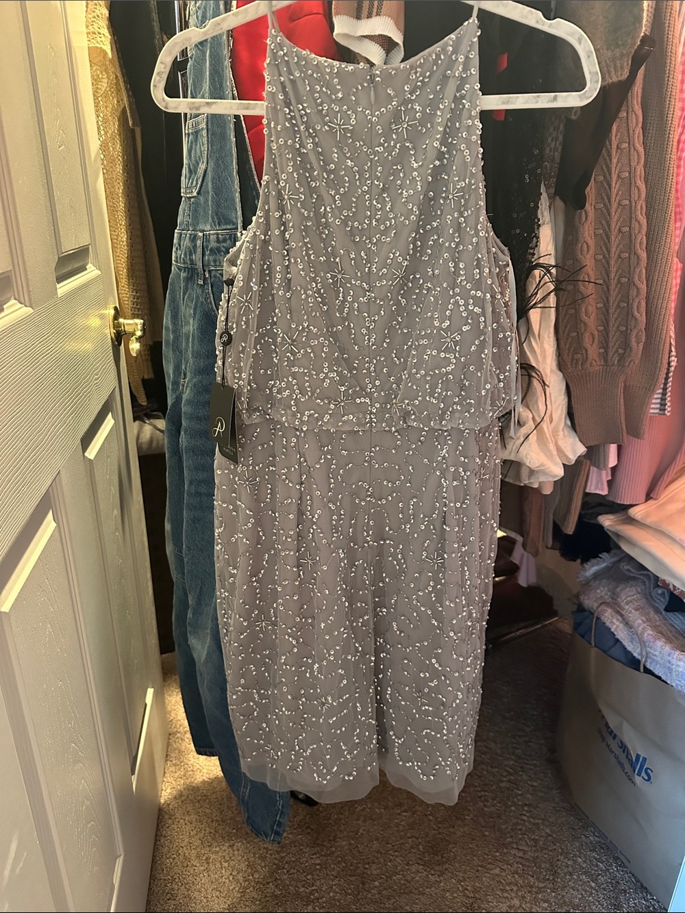 Adrianna Papell Embellished Grey Halter Cocktail Dress - Picture 2 of 4
